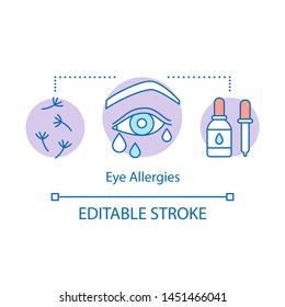 Eye allergies concept icon. Airborne allergic diseases idea thin line illustration. Seasonal spring, summer pollen allergy symptom. Watering eye. Vector isolated outline drawing. Editable stroke