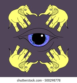 An eye among the yellow elephants seamless pattetn
