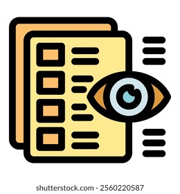 Eye analyzing documents, symbolizing data analysis, review process, and information scrutiny