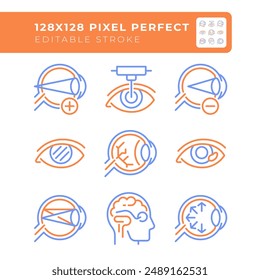 Eye anatomy two color line icons set. Laser eye surgery. Myopia. Eye with astigmatism. Retina and optic nerve bicolor outline iconset isolated. Duotone pictograms thin linear. Editable stroke