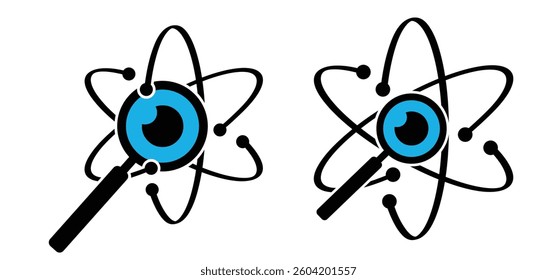 Eye, atomic whirl molecule icon. Science symbol. Nuclear energy, scientific research and molecular chemistry. Structure, formula, electron, proton, neutron, elementary particle the nucleus of an atom.