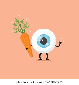 Eye ball holding fresh carrot. Eye health care by food. Vector illustration