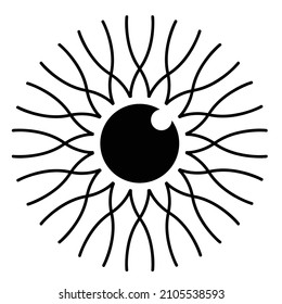 Eye ball icon. Eye and sun Logo design idea. Vector black and white line illustration of pupil of the eye in a flower, sun rays. Logo sign template. Optic. Vision