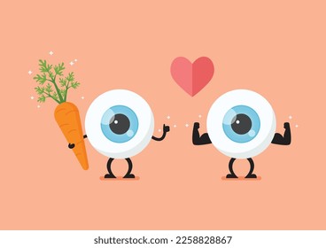 Eye balls holding fresh carrot. Eye health care by food. Vector illustration