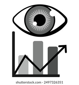 Icono de gráfico de ojos y barras en escala de grises aislado sobre fondo blanco.
