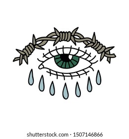 eye with barbed wire doodle icon, traditional tattoo illustration