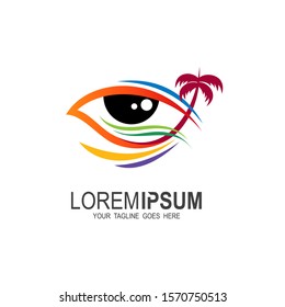 Eye beach logo design vector, Swirl shutter media vision logotype. Photo video camera sea surf vector symbol.