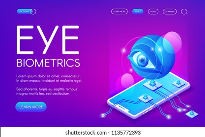 Eye biometrics technology vector illustration for personal identity authentication. Smartphone camera and retina or iris digital scanner for private data encryption on purple ultraviolet background