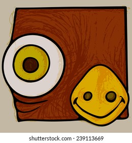 Eye bird. Fragment of a bird's head with the eye from the front. Caricature illustration.