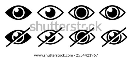 Eye black line icon set. No eye logo, crossed, privacy protection symbol, protect eye label, prevent peeping badge, anti spy, 99.9% high transparent, blue light protected, invisible and visible eye.