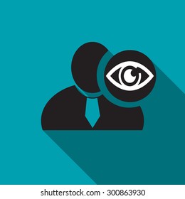 Eye black man silhouette icon on the blue background, long shadow flat design icon for forums or web