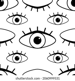 Eye with black outline and eyelashes. Seamless pattern for modern textiles and paper. Vector.