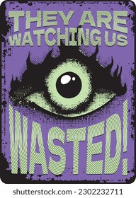 Eye blazing old west poster, retro poster, Inferno, epic, Masquerade, cowboy, west, gang mascot, silhouette, wasted (They are watching us)