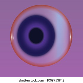 Eye with blue iris and black pupil. Human health illustration. Closeup human eye drawing. Eyeball on violet background. 