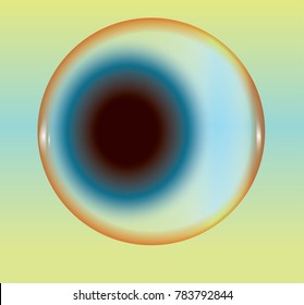 Eye with blue iris and brown pupil. Human health illustration. Closeup human eye drawing. Eyeball on blue and yellow background. 