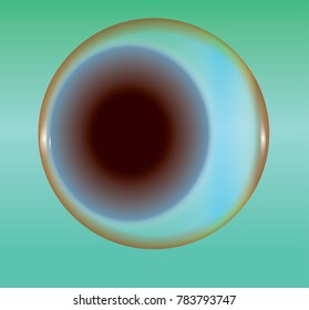 Eye with blue iris and brown pupil. Human health illustration. Closeup human eye drawing. Eyeball on green background. 
