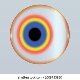 Eye with blue, yellow and pink iris and black pupil. Human health illustration. Closeup human eye drawing. Eyeball on bright background. 