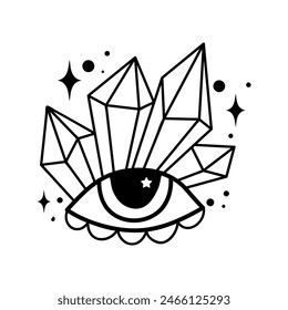 Eye boho crystal. Lineart Vector illustration. Flower moon , Magic celestial witchcraft symbol. Masonic symbol. Hand drawn logo