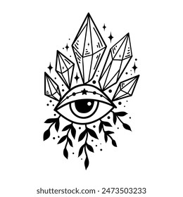 Eye boho crystal. Lineart Vector illustration. Flower moon , Magic celestial witchcraft symbol. Masonic symbol. Hand drawn logo