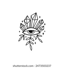 Ojo de cristal boho. Ilustración vectorial lineal. Luna de flores, símbolo de brujería celestial mágica. Símbolo masónico. Logo dibujado a mano