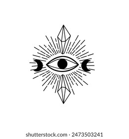 In: Eye Boho Crystal. Lineart-Vektorillustration. Blume Mond , Magisches himmlisches Hexerei-Symbol. Freimaurer-Symbol. Handgezeichnetes Logo