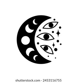 Eye boho. Lineart Vector illustration. Flower moon , Magic celestial witchcraft symbol. Masonic symbol. Hand drawn logo or emblem