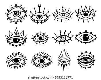 Eye boho. Lineart Vector illustration. Flower moon , Magic celestial witchcraft symbol. Masonic symbol. Hand drawn logo or emblem