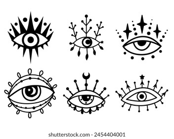 Ojo boho. Ilustración vectorial lineal. Luna de flores, símbolo de brujería celestial mágica. Símbolo masónico. Logo o emblema dibujado a mano