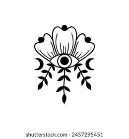 Eye boho. Lineart Vector illustration. Flower moon , Magic celestial witchcraft symbol. Masonic symbol. Hand drawn logo or emblem