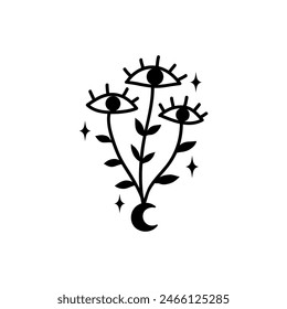 Eye boho. Lineart Vector illustration. Flower moon , Magic celestial witchcraft symbol. Masonic symbol. Hand drawn logo or emblem