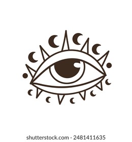 Eye boho. Lineart Vector illustration. Flower moon , Magic celestial witchcraft symbol. Masonic symbol. Hand drawn logo or emblem