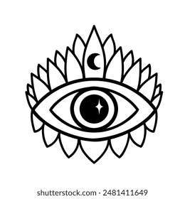 Ojo boho. Ilustración vectorial lineal. Luna de flores, símbolo de brujería celestial mágica. Símbolo masónico. Logo o emblema dibujado a mano