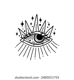 Eye boho. Lineart Vector illustration. Flower moon , Magic celestial witchcraft symbol. Masonic symbol. Hand drawn logo or emblem