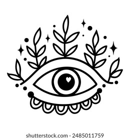 Eye boho. Lineart Vector illustration. Flower moon , Magic celestial witchcraft symbol. Masonic symbol. Hand drawn logo or emblem