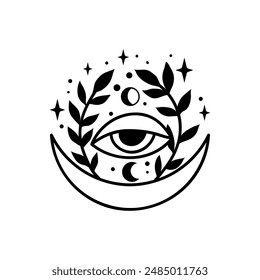 Eye boho. Lineart Vector illustration. Flower moon , Magic celestial witchcraft symbol. Masonic symbol. Hand drawn logo or emblem