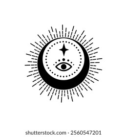 Eye boho. Lineart Vector illustration. Flower moon , Magic celestial witchcraft symbol. Masonic symbol. Hand drawn logo or emblem
