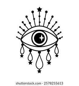 Eye boho. Lineart Vector illustration. Flower moon , Magic celestial witchcraft symbol. Masonic symbol. Hand drawn logo or emblem