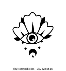 Eye boho. Lineart Vector illustration. Flower moon , Magic celestial witchcraft symbol. Masonic symbol. Hand drawn logo or emblem