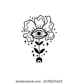 Eye boho. Lineart Vector illustration. Flower moon , Magic celestial witchcraft symbol. Masonic symbol. Hand drawn logo or emblem