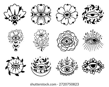 Ojo boho. Ilustración vectorial lineal. Luna de flores, símbolo de brujería celestial mágica. Símbolo masónico. Logotipo o emblema dibujado a mano