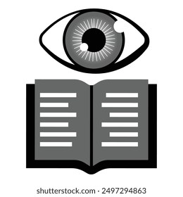 eye and book icon in grey scale isolated on white background.