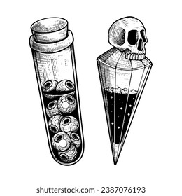 Eye Bottle And Skull Bottle Hand Drawn Engraving Pen and Ink Vintage Vector illustration