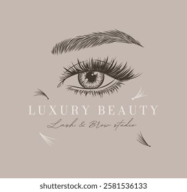 Eye and brow studio label design with lettering drawing in art line style on beige background