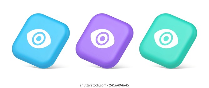 Eye button visibility searching optical lens web application 3d realistic blue purple and green icons. Eyesight watching contemplation control service user interface emblem design