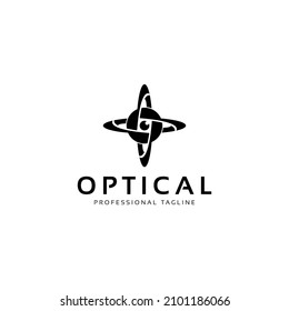 diseño del logotipo de la molécula atómica, óptica y cámara
