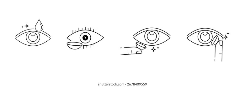 Eye care, contact lens usage, hygiene steps, vision correction, daily lens routine, optical health icon vector illustration.