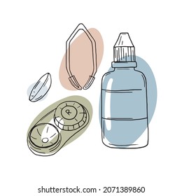 Eye care doodle vector illustrations. Contact lenses, tweezers, lens container, wash liquid.