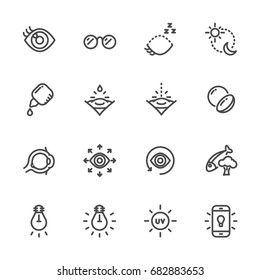 Eye care for good eye health and vision icons. Vector line icons