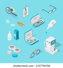 Eye care and health, vector 3d isometric icons set. Contact lenses, glasses, ophthalmology medical equipment flat illustration.