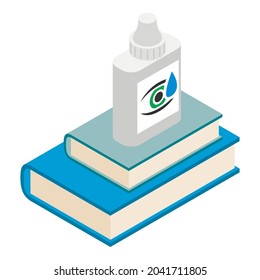 Eye care icon isometric vector. Bottle with eye drop and two blue book icon. Eyehealth, ophthalmology concept